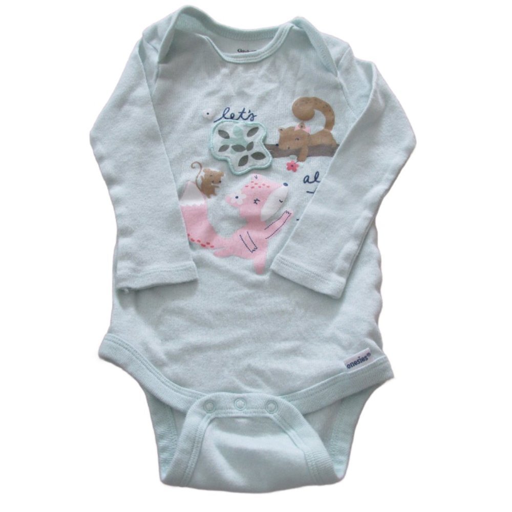 Gerber 1 Pc Bodysuit‎ Infant Girls 3-6M Green Long Sleeve Fox Lets Be Friends